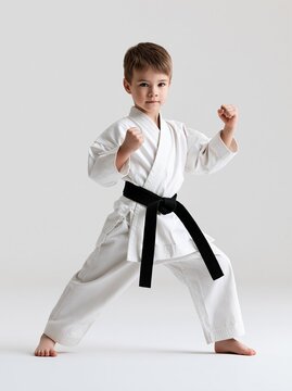 Young boy wearing a white karate gi and black belt standing barefoot in a fighting stance against a plain white background