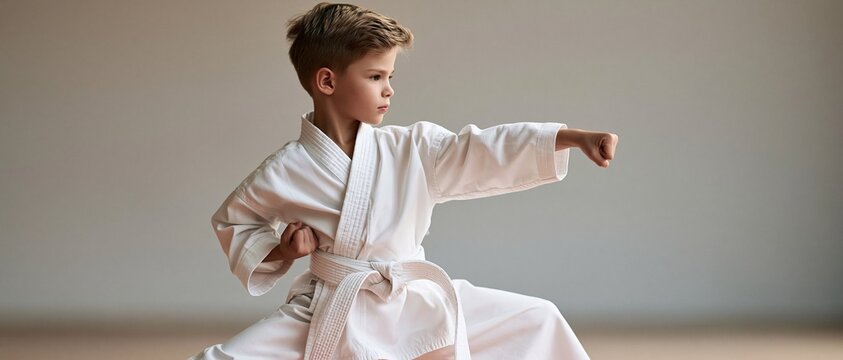 Young boy wearing a white karate uniform and belt practicing a punching technique against a neutral background in a martial arts stance