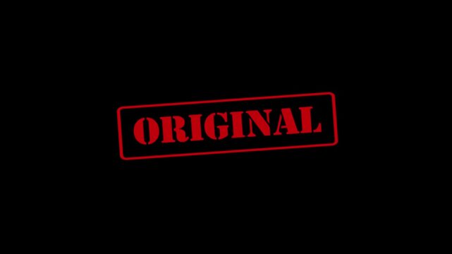"ORIGINAL" text animation with a stamp effect&mdash;suitable for marking authentic items&mdash;set against a dark background; 4K video.