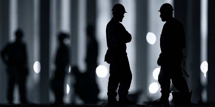 Silhouettes of two construction workers wearing helmets standing and talking in a dimly lit industrial setting with blurred background figures