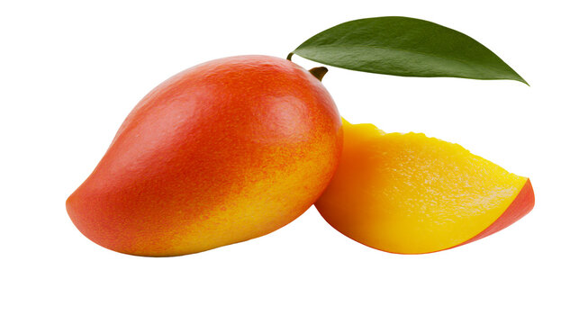 Ripe mango fruit with slice and green leaf