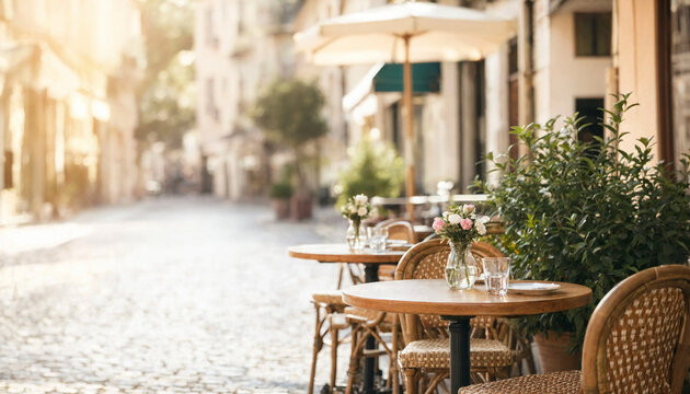 Empty cafe tables with chairs and flower vases sit on a sunlit cobblestone street, creating a calm and inviting urban atmosphere. Perfect for hospitality or travel concepts with copy space.