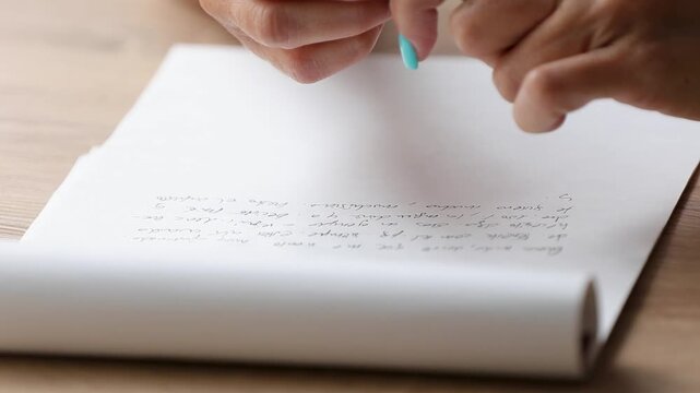 Close-up of a hand picking up a pen and signing a document on a desk. Ideal for business, legal, and finance concepts