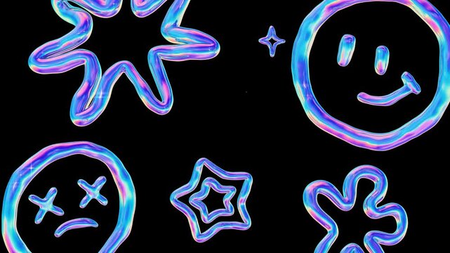 Y2K Holographic Iridescent Chrome Doodle Elements Seamless Loop Animation | Transparent Background | 4K