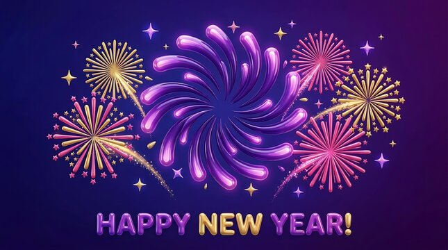 Colorful bright fireworks and Happy New Year greeting text on a dark blue background for a holiday celebration
