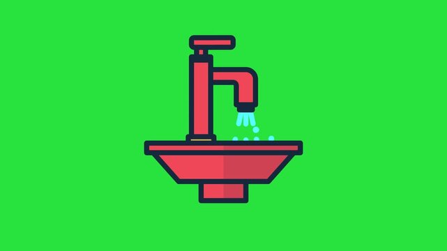 Animated Faucet and Sink Icon with Smooth Flowing Water Droplets, Symbol of Plumbing, Bathroom, Hygiene, Cleaning, Household Utilities and Water Supply, Motion Graphic on Green Screen
