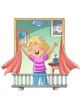 Scene of a little girl on her balcony shouting with happiness, children's illustration