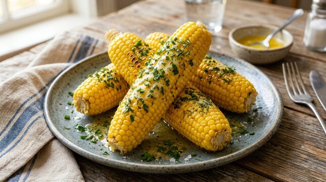 Grilled corn on the cob served on a decorative ceramic plate with butter.