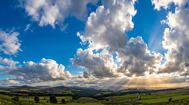 Landscape features a panoramic horizon with dramatic sunbeams piercing through fluffy white clouds above rolling green hills.