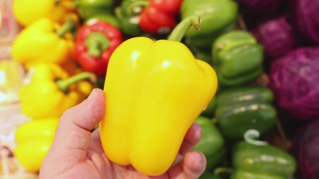 Fresh yellow bell pepper held in hand at grocery store. Close up of raw organic vegetable being selected by shopper from supermarket shelf display with colorful peppers in background.