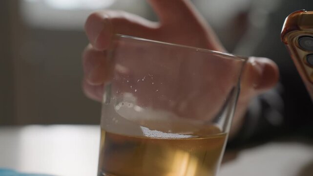 Hands pause before drink. Contemplative moment with beverage. Silent reflection as hand hovers over drink. Deliberate pause of hand over beer glass amid soft ambient lighting in quiet kitchen