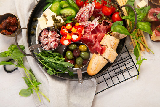 Mediterranean appetizers or antipasto, assorted Italian food.