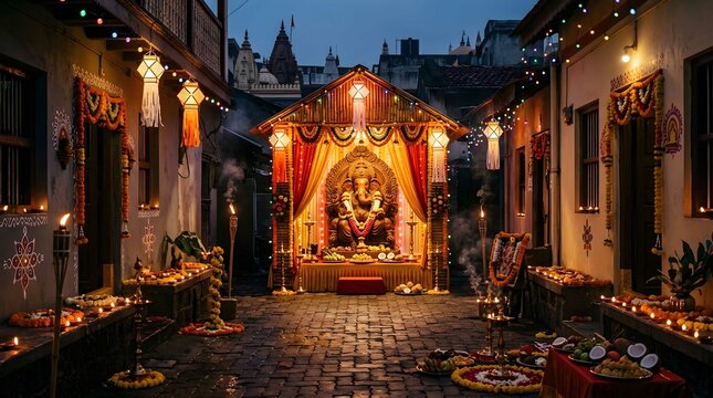 Traditional ganesha shrine in a decorated village street at dusk