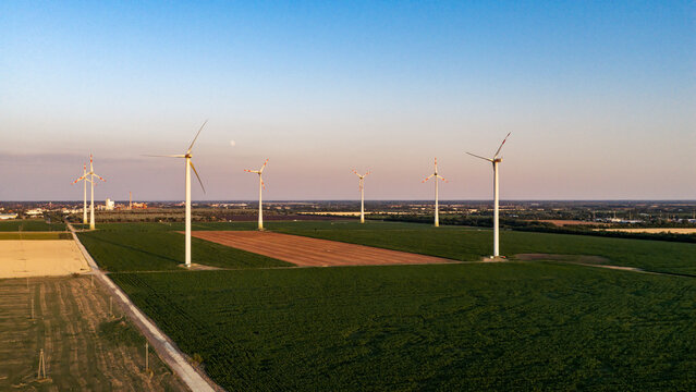 Aerial view of wind turbines in a field near Level, Hungary.