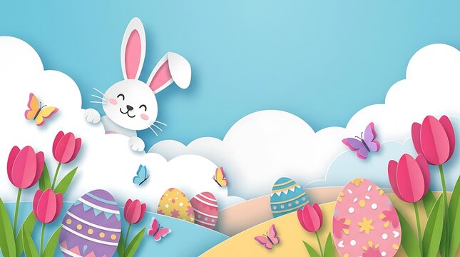Cute white Easter bunny with colorful decorated eggs and pink tulips in a spring garden with butterflies and clouds