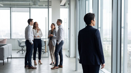 Fototapeta premium Businesswoman peers through a modern office window, contemplating future opportunities while teammates gather to discuss new ideas