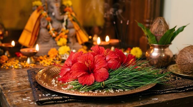 Hibiscus flowers and sacred grass on a ritual brass plate