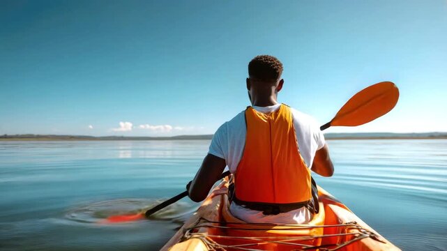 Muscular guy in a kayak on a sunny day. A man in an orange vest holds an oar in his hand and sails a boat along the river. The concept of tourism and relaxation on a hike