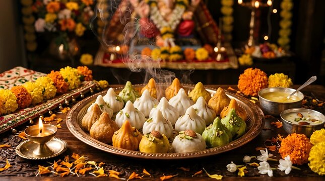 Assorted colorful modak sweets on a platter with steam