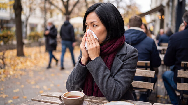 Asian woman suffering from cold or flu, sneezing into tissue while sitting at an outdoor cafe in autumn