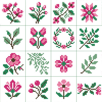 Pixel Flower Embroidery Art Grid with Botanical Designs for Craft Projects and Digital Use