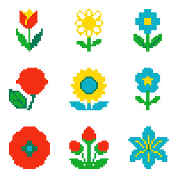 Pixel Flower Icon Set with Nine Unique Blooming Designs for Game Assets