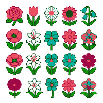 Pixel Flower Vector Art Collection for Digital Design and Retro Game Graphics
