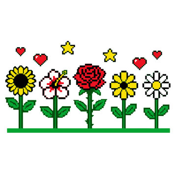 Pixelated Pixel Flower Garden with Hearts and Stars a Charming 8 bit Digital Illustration