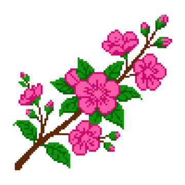 Charming Blooming Pink Pixel Flower Branch Vector Illustration