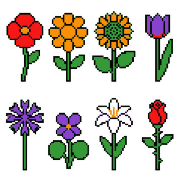 Vibrant Pixel Flower Icons a Set of Retro Floral Digital Art Assets for Design