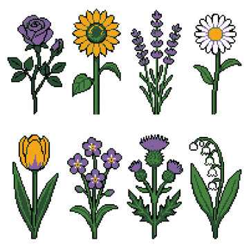 Pixel Art Botanical Pixel Flower Collection for Digital Design and Game Assets