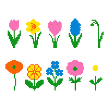 Pixel Flower Blooming Spring Garden Icons for Retro Game Design