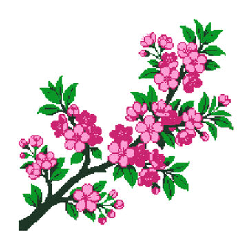 Pixel Flower Blossom Branch Art for Retro Gaming and Digital Design