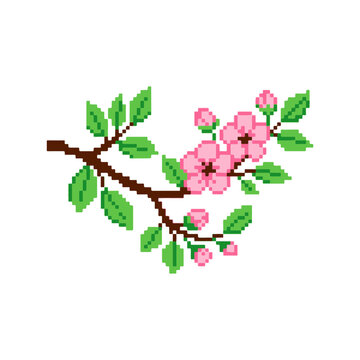 Pixel Flower Cherry Blossom Branch with Green Leaves for Retro Game Design