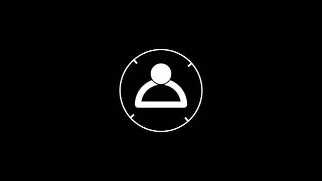 White neon outline of a person icon within a circular target reticle on a black background symbol user.