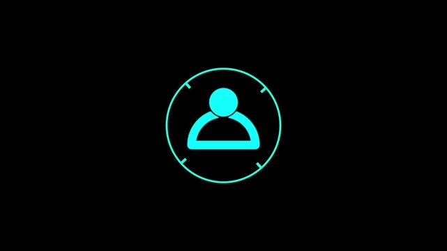 Cyan neon outline of a person icon within a circular target reticle on a black background symbol user.