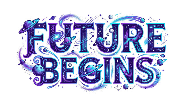 Future Begins Space Themed Typography Text Art isolated on white background