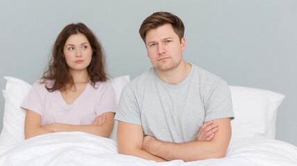 Fototapeta premium His wife expected more: fiasco in bedroom. Bad in bed. Disfunction. Problems in sexual life 