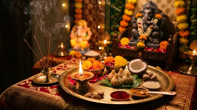 Brass puja thali with modak sweets and lit oil lamp