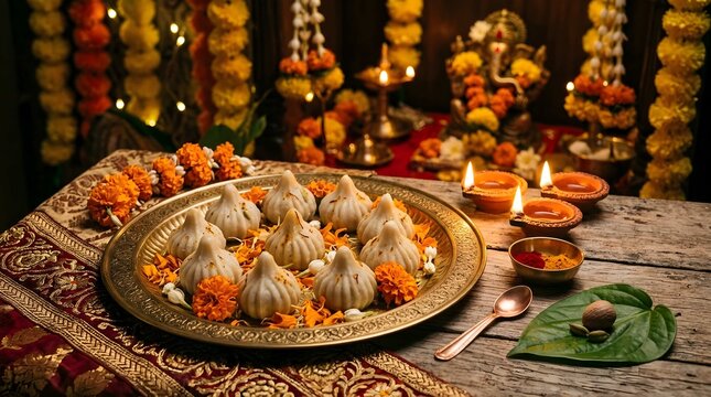 Festive plate of modak sweets with betel leaf and nut