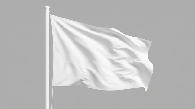 A plain white flag waving on a flagpole against a neutral gray background.