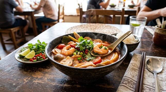 Steaming bowl of spicy Thai Tom Yum soup with shrimp and fresh herbs, served with lime and chili