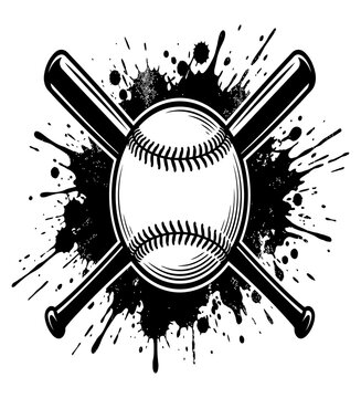 Vintage baseball bat and ball emblem with grunge splash retro sports badge isolated monochrome vector illustration