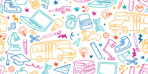 Obraz na płótnie Canvas Colorful Back to school doodle pattern. Hand-drawn vector outline school supplies with creative learning, mathematics and science vector for student education in classroom.
