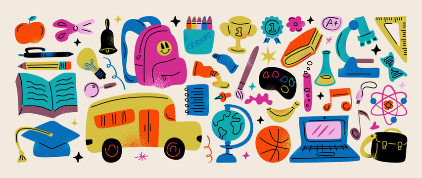Set clipart back to school stickers elements retro style. 90s cartoon hand drawn of school supplies, art, and science. Groovy vector big collection.