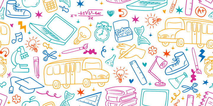 Colorful Back to school doodle pattern. Hand-drawn vector outline school supplies with creative learning, mathematics and science vector for student education in classroom.