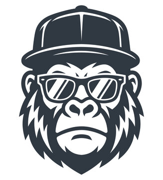 Stylized gorilla head mascot wearing glasses and cap bold monochrome animal emblem vector illustration for branding apparel
