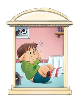Scene of a chubby boy exercising in his room, children's illustration