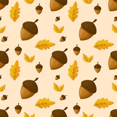 Acorn and Leaf Seamless Pattern. Autumn Acorn Repeating Pattern. Fall Woodland Decorative Background © Ivnkristia