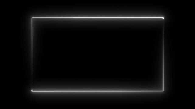 A glowing White neon rectangle frame on a black background. Modern futuristic light border design suitable for video overlays, gaming intros, technology visuals, and digital motion graphics projects.